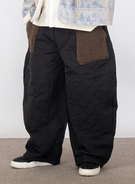 K叔新中式黑色菱格纹加厚棉裤男宽松大码休闲裤拼接毛绒长裤