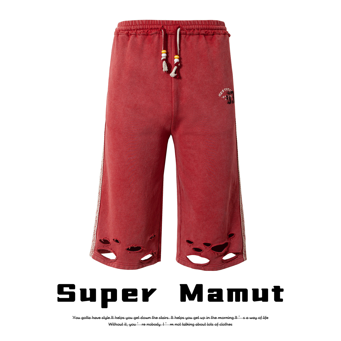 Super Mamnt原创水洗做旧彩色拉绳中裤男宽松直筒七分破洞短裤