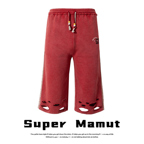 Super Mamnt原创水洗做旧彩色拉绳中裤男宽松直筒七分破洞短裤