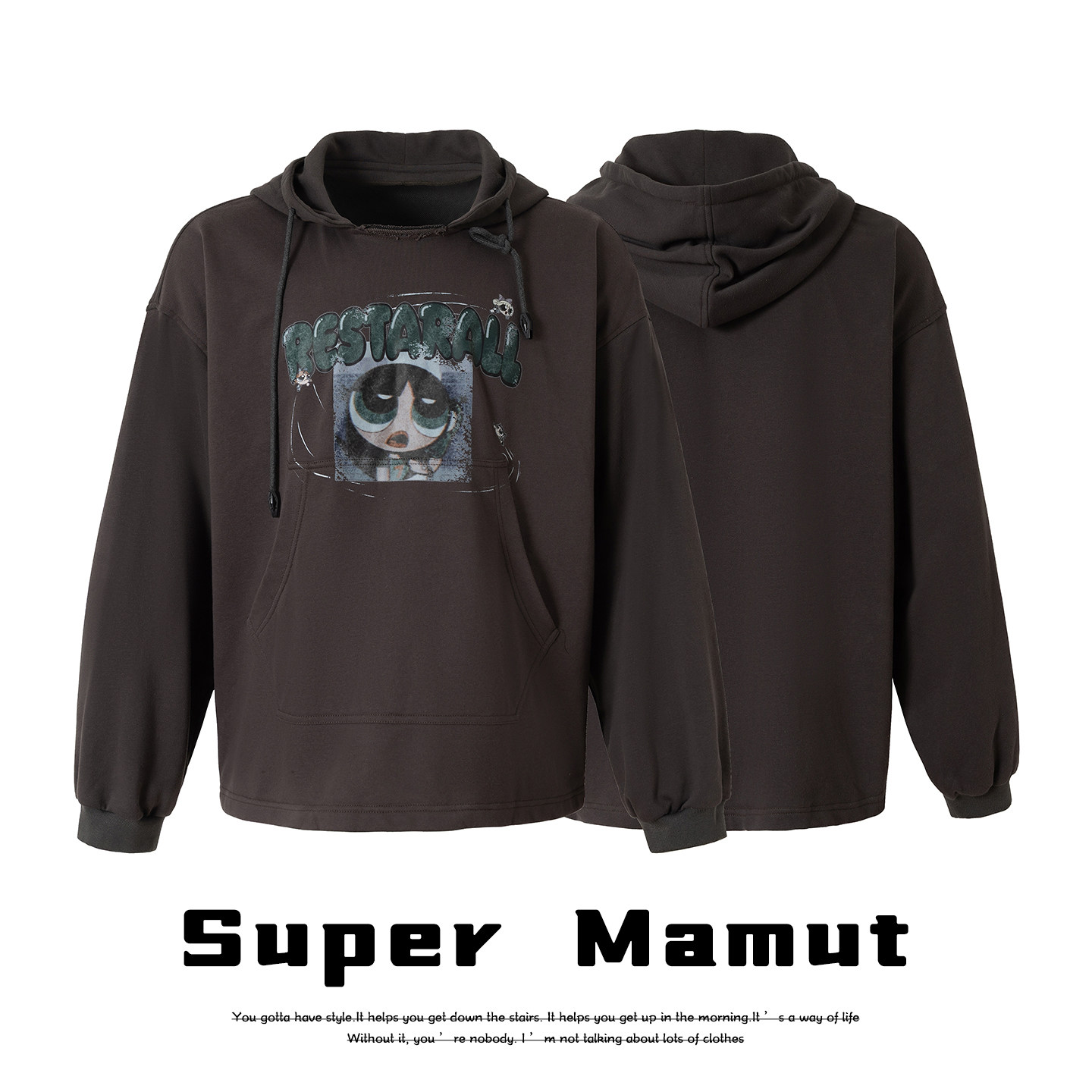 Super Mamnt美式复古卡通飞天小女警印花连帽卫衣慵懒风情侣帽衫