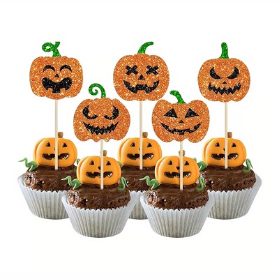 HAPPY HALLOWEEN 万圣节派对闪闪南瓜蛋糕插牌