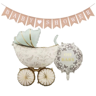OH BABY宝宝性别揭示迎婴派对复古婴儿车气球麻布拉旗BABY SHOWER