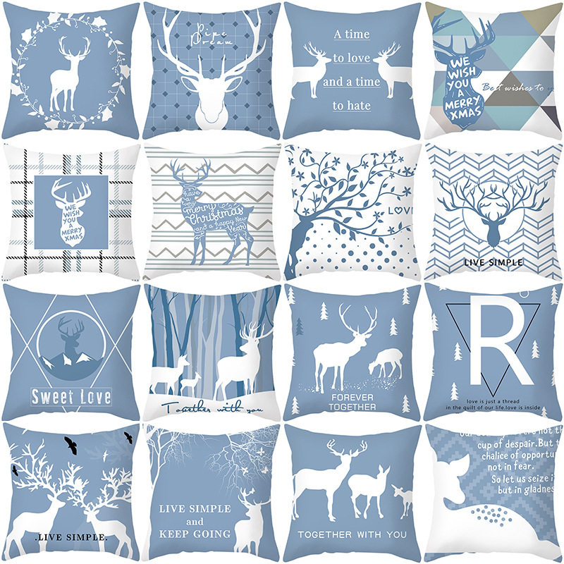 浅蓝色麋鹿花纹抱枕套 舒适超柔短毛绒靠枕套 JZ