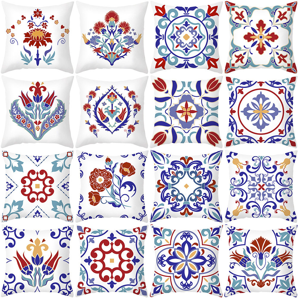 青花蓝色系花纹抱枕套 舒适超柔短毛绒靠枕套 JZ