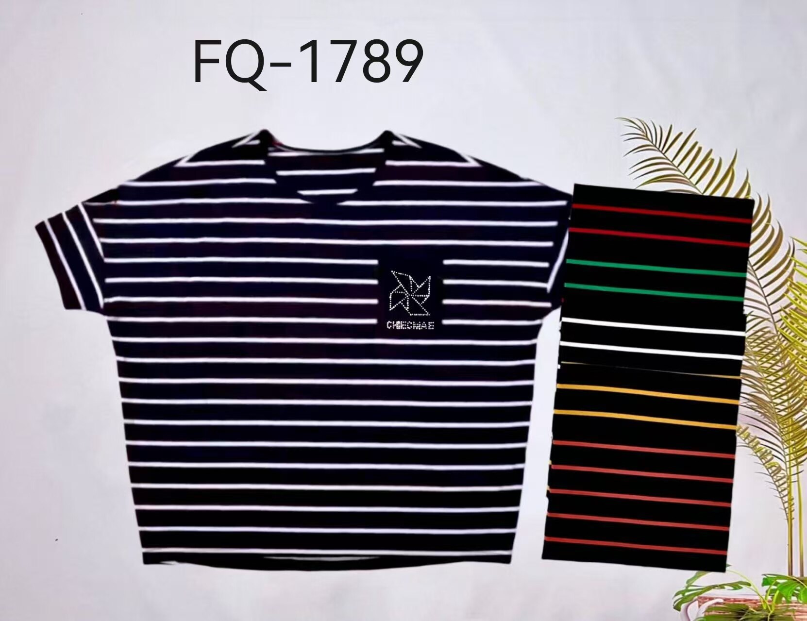牵日红千日红夏款女装大码显瘦圆领条纹镶钻短袖T恤上衣FQ-1789