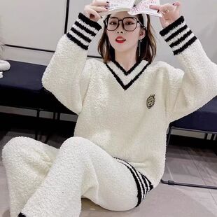 半边绒睡衣女士春秋冬季2024新款加厚珊瑚绒毛绒家居服套装可外穿