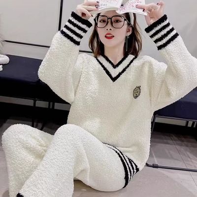 半边绒睡衣女士春秋冬季2024新款加厚珊瑚绒毛绒家居服套装可外穿