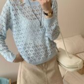 韩系甜美粉色镂空V领毛衣外套女冬季 软糯宽松慵懒风外穿针织开衫