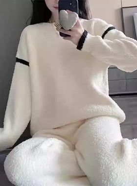 半边绒睡衣毛衣女秋冬款2024新款套头极简居家GP秋冬季套装针织衫