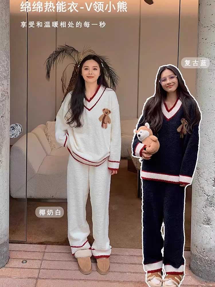 白鹿同款半边绒睡衣女秋冬保暖软绵绵学院风宽松家居服套装可外穿