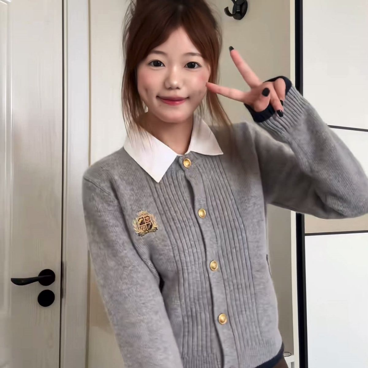2026春季新款复古学院风衬衫领毛针织开衫外套女宽松显瘦百搭上衣图片