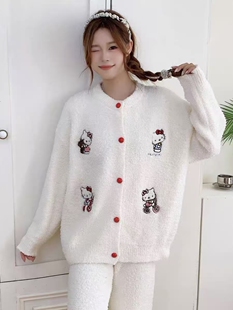 软绵绵睡衣女冬天保暖刺绣猫咪半边绒家居服针织珊瑚绒加厚套装秋