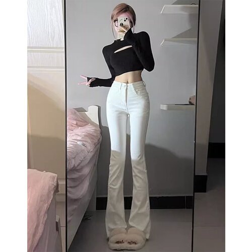 2026秋季新款白色微喇牛仔裤女高腰修身显瘦显高春秋拖地喇叭裤子