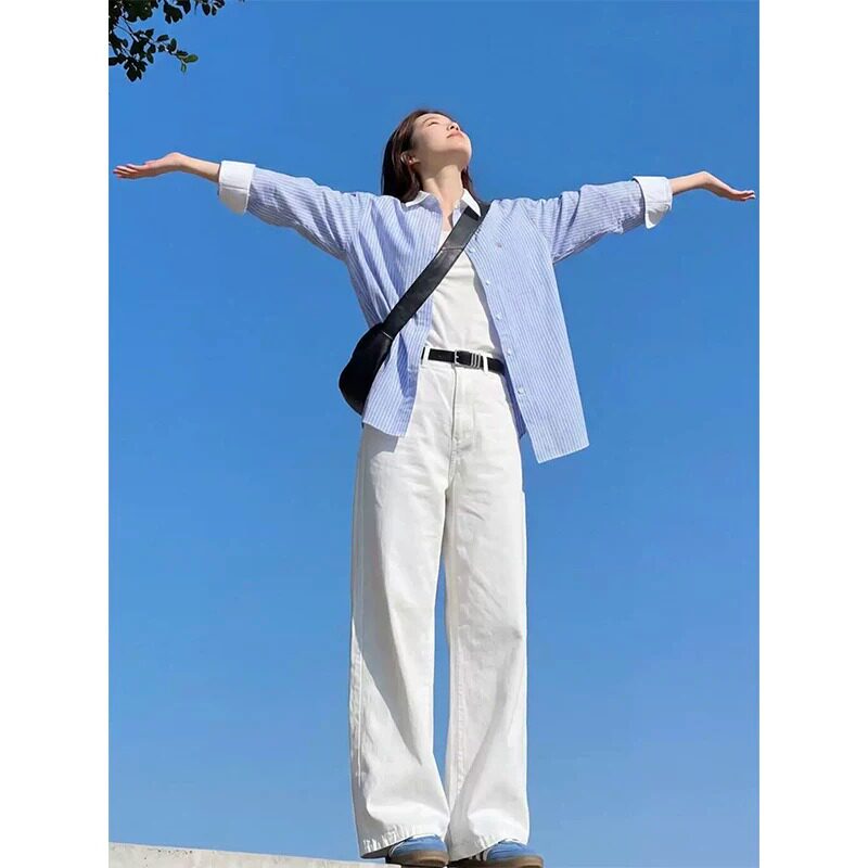 白色高腰直筒牛仔裤女2026夏季新款宽松显瘦小个子垂感窄版拖地裤
