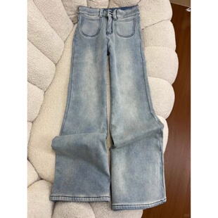 浅蓝色阔腿牛仔裤女2026新款春季宽松垂感拖地高腰直筒微喇长裤子