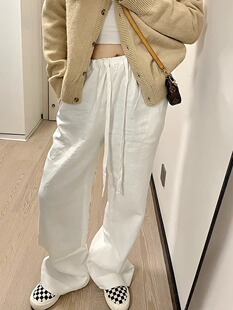 小个子白色亚麻阔腿裤女秋季高腰松紧慵懒风直筒拖地休闲棉麻长裤