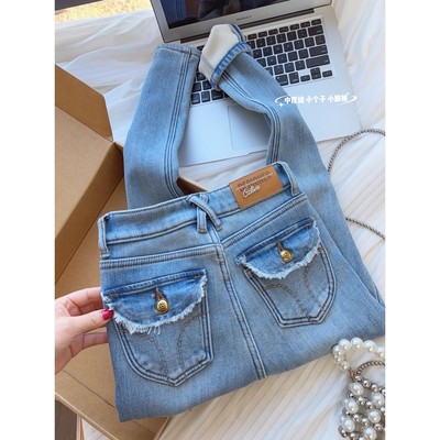 小个子靴裤~浅色加绒牛仔裤女冬厚绒高腰弹力显瘦紧身九分小脚裤