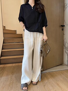CHAO级推荐！极简老钱风~白色亚麻裤子女夏季高腰清爽阔腿拖地裤