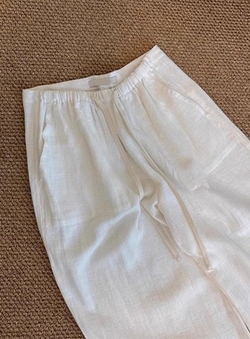 无D推荐~版型超ZAN！韩系小个子白色松紧高腰抽绳苎麻休闲裤子女