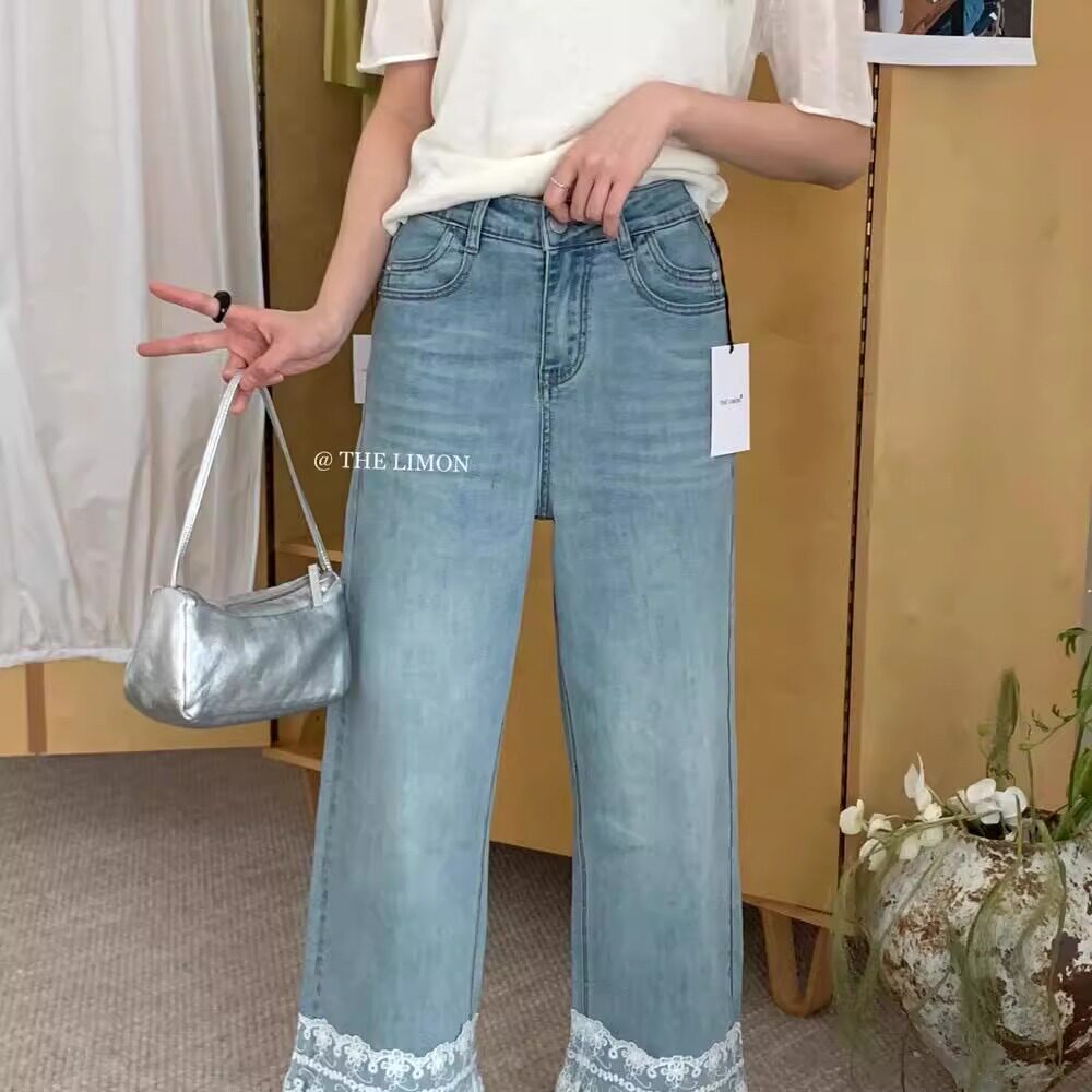 浅蓝色高腰拼蕾丝九分牛仔裤女春季小个子宽松显瘦百搭休闲直筒裤
