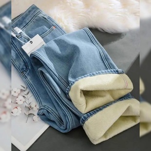 复古加绒加厚牛仔裤女秋冬新款大码胖mm宽松显瘦小个子直筒阔腿裤