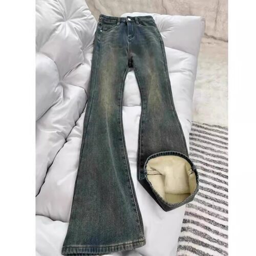 复古蓝加绒加厚微喇牛仔裤女秋冬大码胖mm高腰遮胯显瘦喇叭马蹄裤