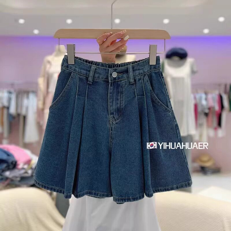 韩版高腰复古百搭a字阔腿松紧腰百褶牛仔短裤遮胯显瘦褶皱裙裤女