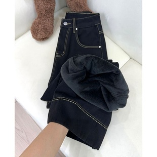 胖妹妹直筒阔腿裤 深蓝色秋冬加绒加厚休闲百搭高腰2025年新款 韩版