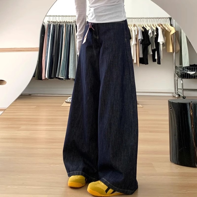 深蓝色阔腿裤2025春季牛仔裤小个子胖mm梨型身材粗腿宽胯显瘦裤子
