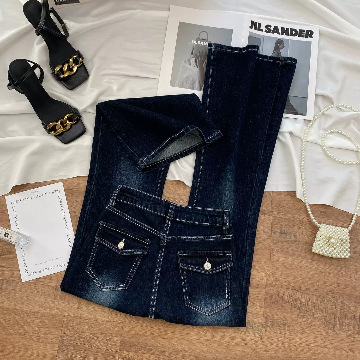 美式辣妹弹力修身微喇牛仔裤女秋季新款蓝灰色高腰显瘦百搭喇叭裤