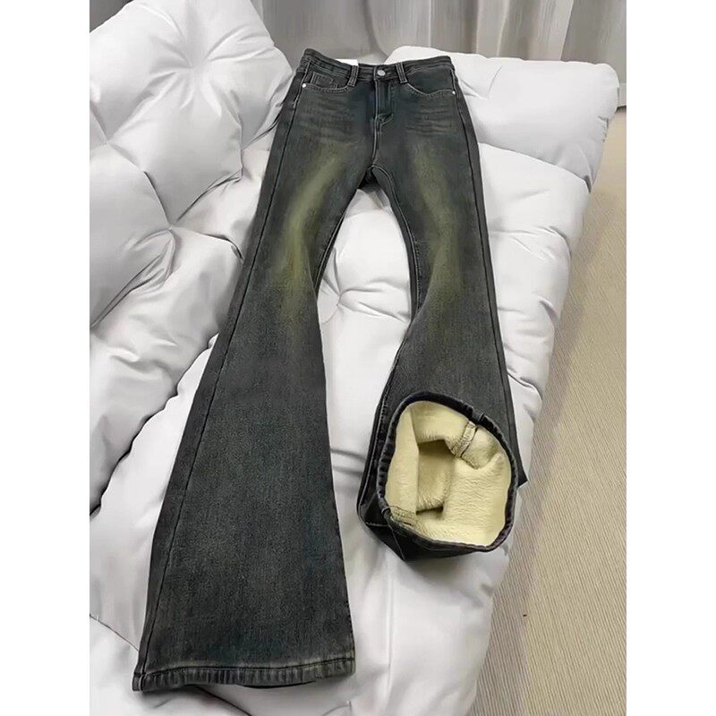 加绒加厚复古蓝微喇牛仔裤女秋冬大码胖mm高腰遮胯显瘦微喇马蹄裤