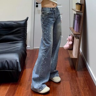 蓝色复古细闪烫钻牛仔裤女2026春季新款大码胖mm宽松直筒阔腿裤子