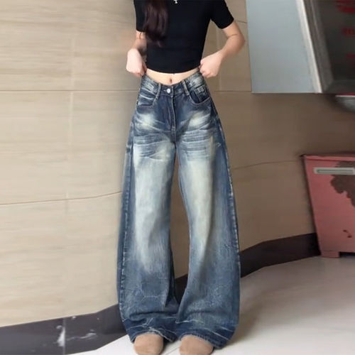 复古美式竹节纹弯刀牛仔裤女2026秋季新款街头宽松做旧阔腿拖地裤