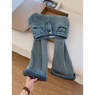 蓝色烫钻亮片加厚加绒直筒高腰牛仔裤女士垂感宽松阔腿梧桐裤子