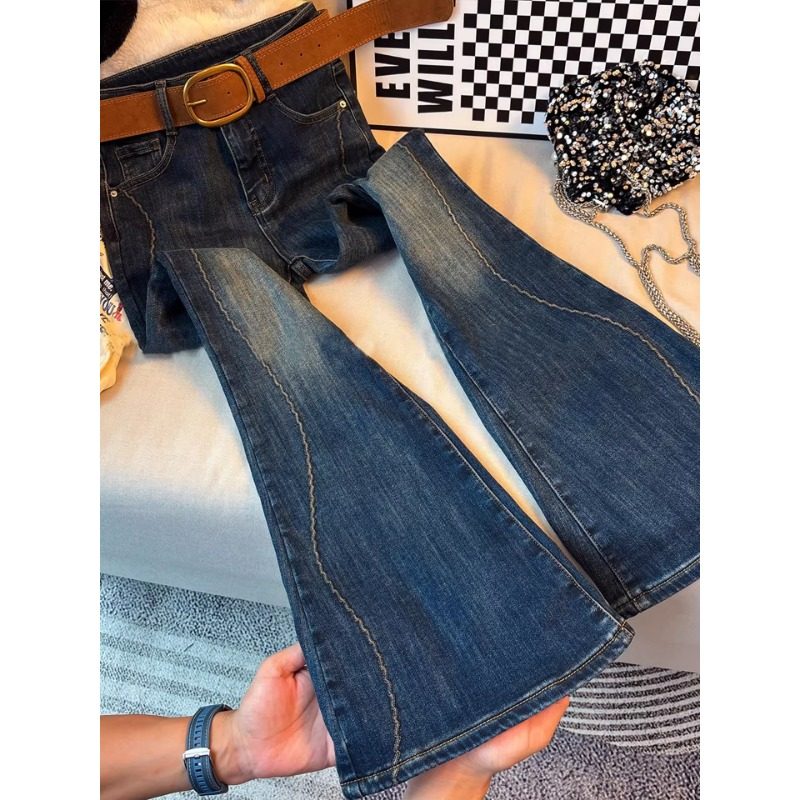 大码高腰弹力加绒喇叭裤女2025冬季新款胖mm显瘦设计感微喇牛仔裤