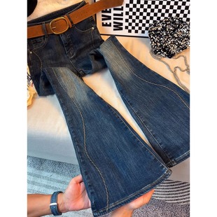 大码高腰弹力加绒喇叭裤女2025冬季新款胖mm显瘦设计感微喇牛仔裤