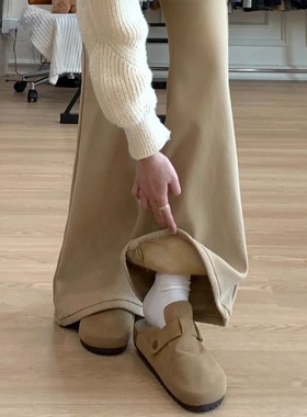 卡其色加绒微喇牛仔裤女冬大码胖mm高腰遮胯显瘦小个子马蹄喇叭裤