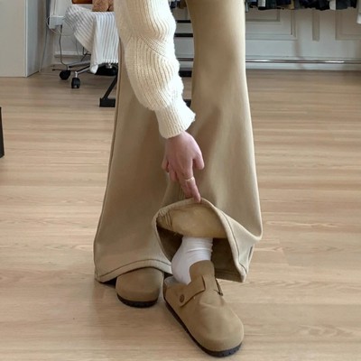 卡其色加绒微喇牛仔裤女冬大码胖mm高腰遮胯显瘦小个子马蹄喇叭裤