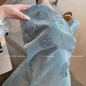 浅色复古刺绣牛仔裤女夏季薄款高腰显瘦百搭设计感九分窄版直筒裤