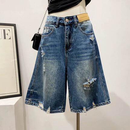 小众炸街款～破洞直筒牛仔短裤女夏季新款高腰显瘦A字阔腿五分裤