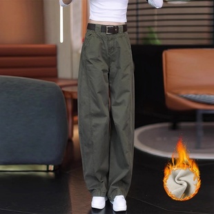 胖mm显瘦宽松休闲弯刀裤 军绿色加绒工装 大码 女秋冬2025新款 阔腿裤