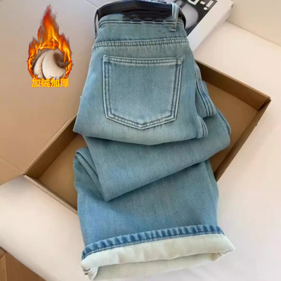 欧货浅蓝色加绒加厚高腰牛仔裤阔腿宽松窄版直筒长裤子显瘦女士