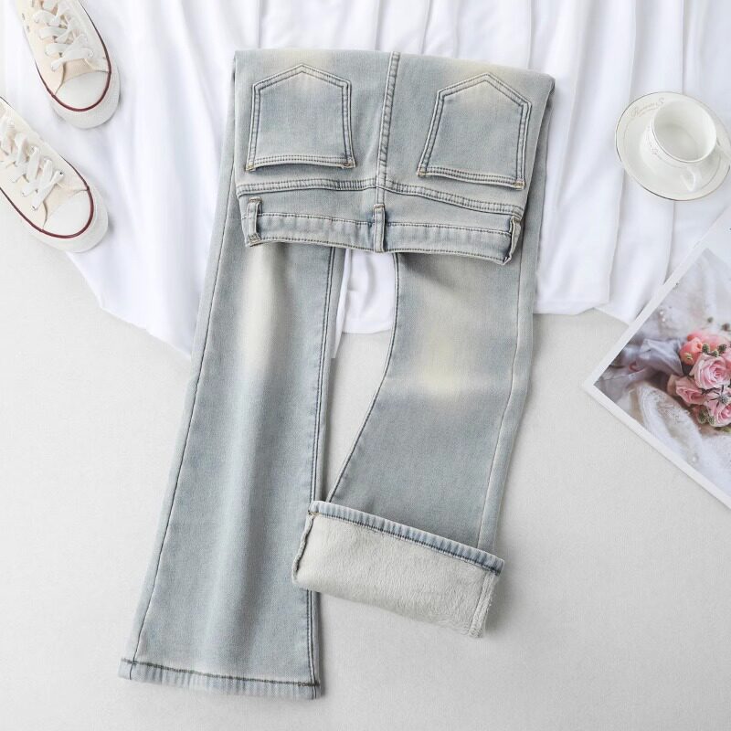 浅色加绒微喇牛仔裤女秋冬2025新款爆款高腰紧身显瘦小个子喇叭裤