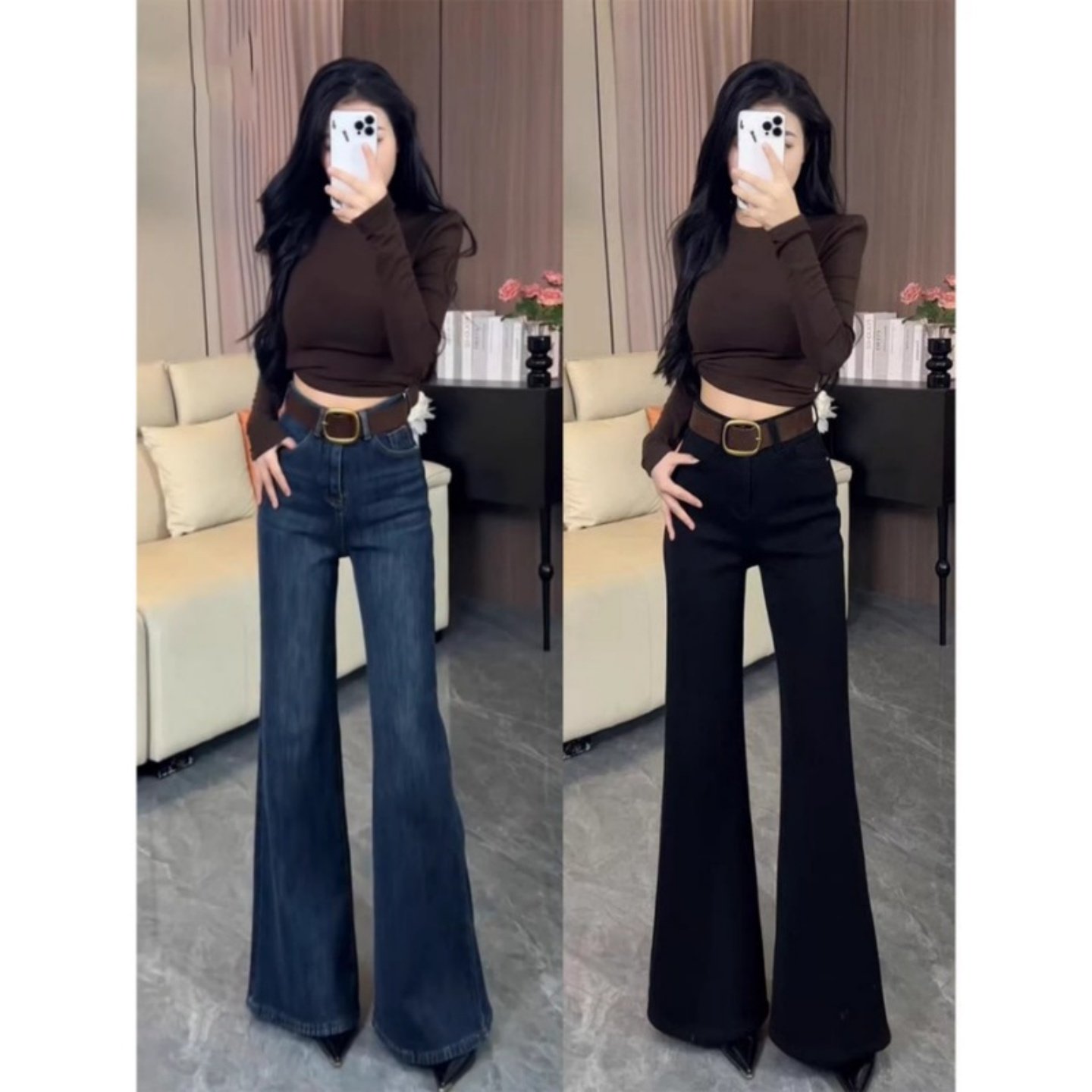 深蓝色微喇叭牛仔裤女冬季2026新款高腰设计感提臀宽松阔腿长裤子