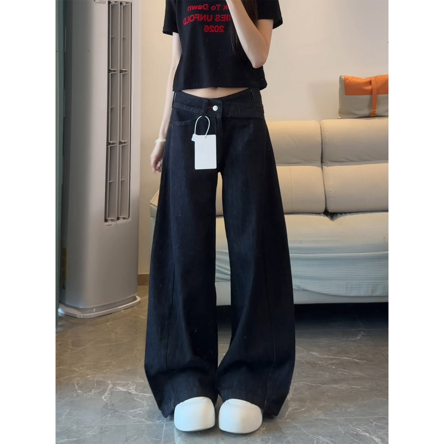 美式原牛色低腰阔腿牛仔裤女夏薄款2026新款宽松设计感直筒拖地裤