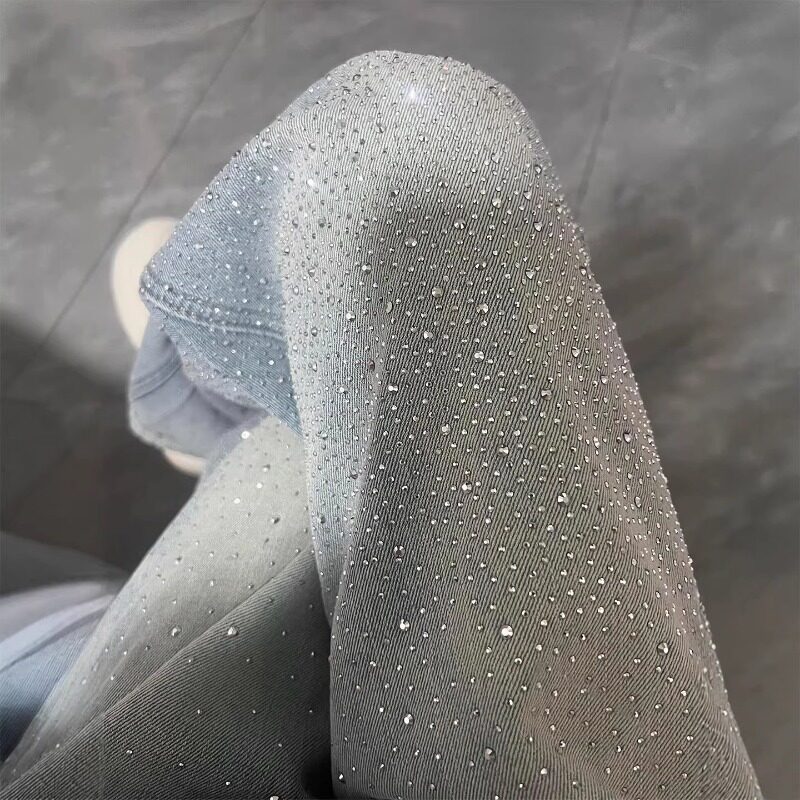 蓝色满天星烫钻阔腿牛仔裤女春季新款胖妹妹mm高腰梨型身材直筒裤