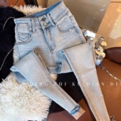 新款 高级感浅色加绒铅笔裤 弹力小脚牛仔裤 2025冬季 女冬季 加绒靴裤