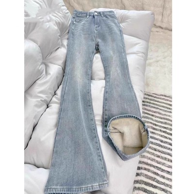 浅色加绒加厚微喇牛仔裤女2025秋冬大码高腰遮胯弹力显瘦喇叭裤子