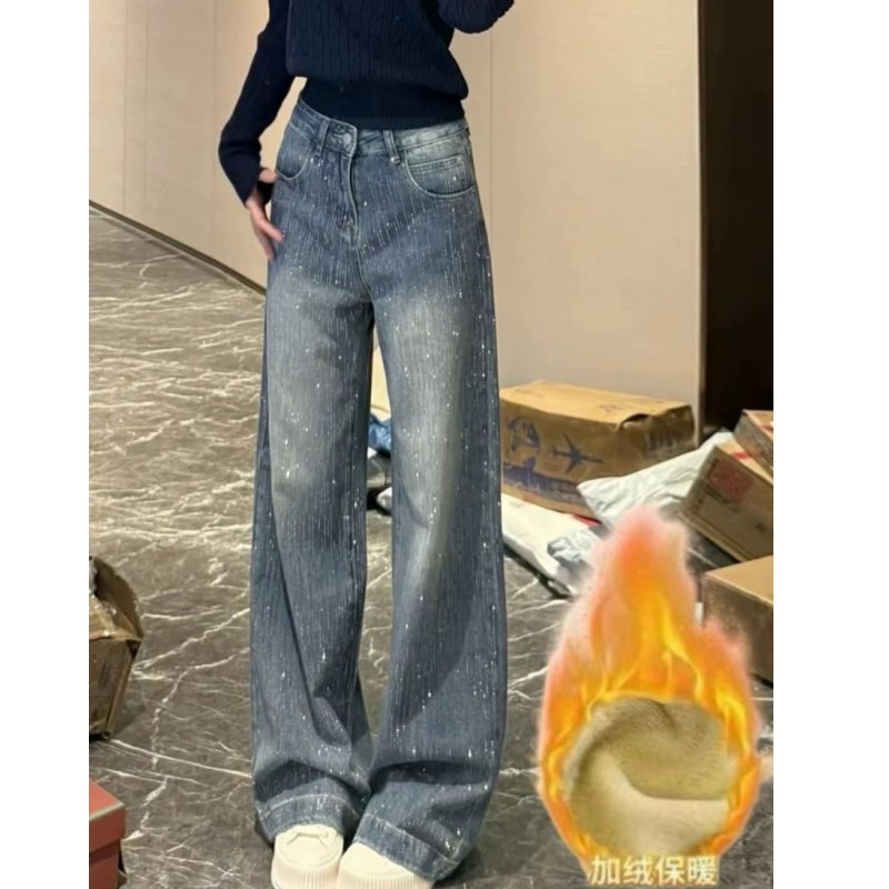 加绒加厚冬季小个子美式烫钻直筒牛仔裤女高腰宽松显瘦阔腿拖地