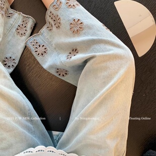 设计感镂空刺绣花边牛仔裤女夏季薄款大码胖mm高腰显瘦阔腿九分裤